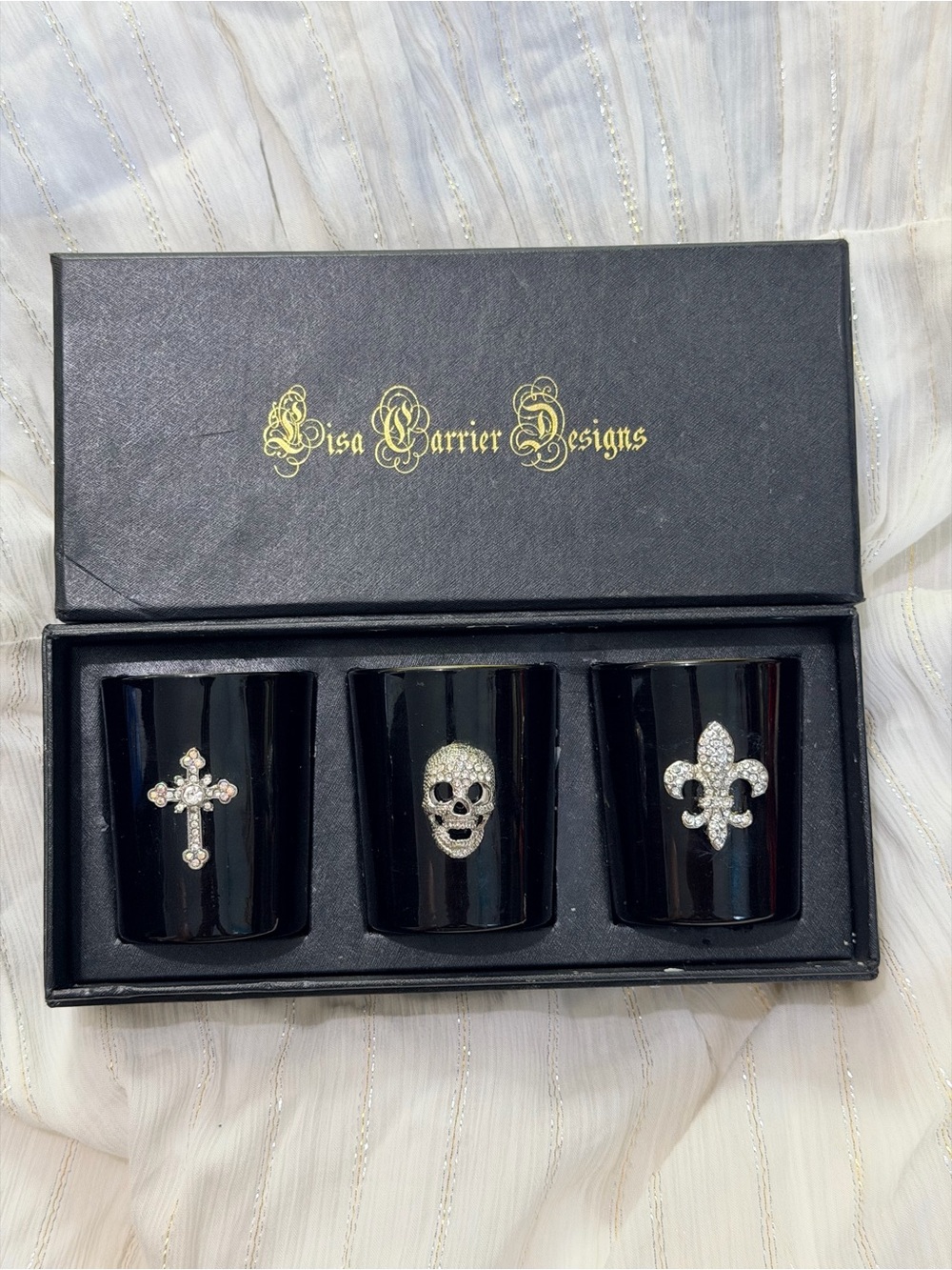 Lisa Carrier Designs Set of 3 Black Glass Votive Candle Holders Rhinestone w/box